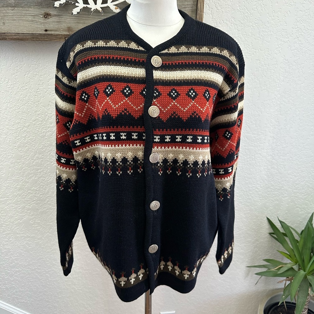VTG Caldwell Pure Virgin Wool Hand Knit 70’s Patterned Cardigan Sweater FLAW
